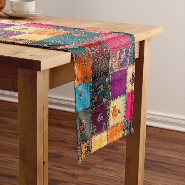 Vibrant Patchwork Quilt with Classic Florals Short Table Runner (In Situ)