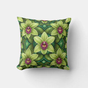 Vibrant pattern of green leaves and flowers throw pillow