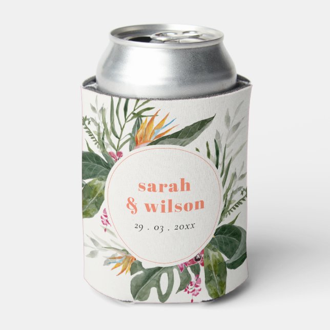 Vibrant Peach Blush Boho Tropical Floral Wedding Can Cooler (Can Front)