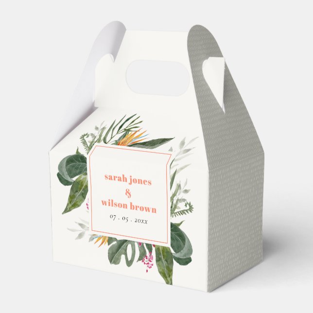Vibrant Peach Blush Boho Tropical Floral Wedding Favor Boxes (Front Side)