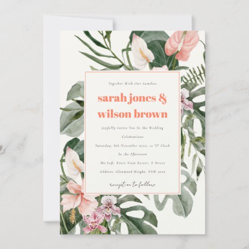 Vibrant Peach Blush Boho Tropical Floral Wedding Invitation