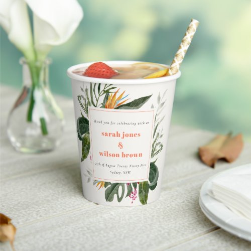 Vibrant Peach Blush Boho Tropical Floral Wedding Paper Cups