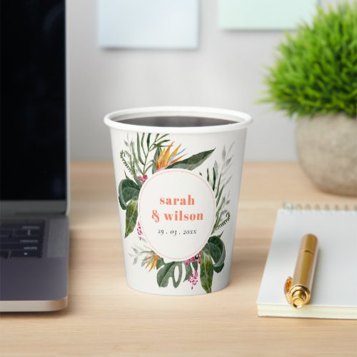 Vibrant Peach Blush Boho Tropical Floral Wedding Paper Cups