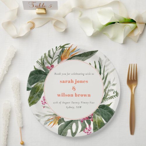Vibrant Peach Blush Boho Tropical Floral Wedding Paper Plates