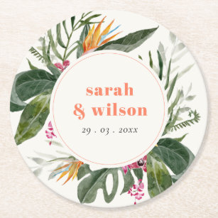 Vibrant Peach Blush Boho Tropical Floral Wedding Round Paper Coaster