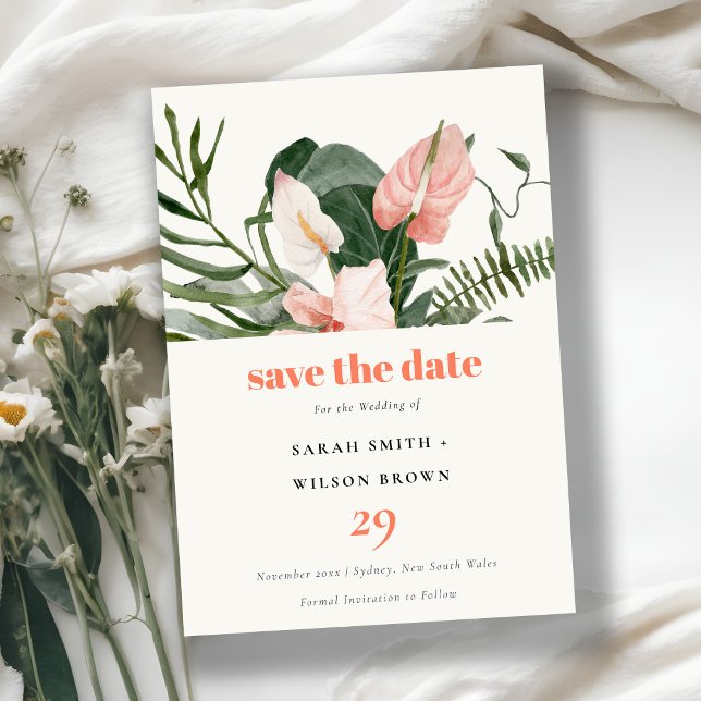 Vibrant Peach Blush Boho Tropical Floral Wedding Save The Date (Creator Uploaded)
