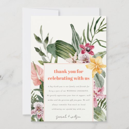Vibrant Peach Blush Boho Tropical Floral Wedding Thank You Card