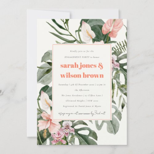 Vibrant Peach Blush Tropical Floral Engagement Invitation