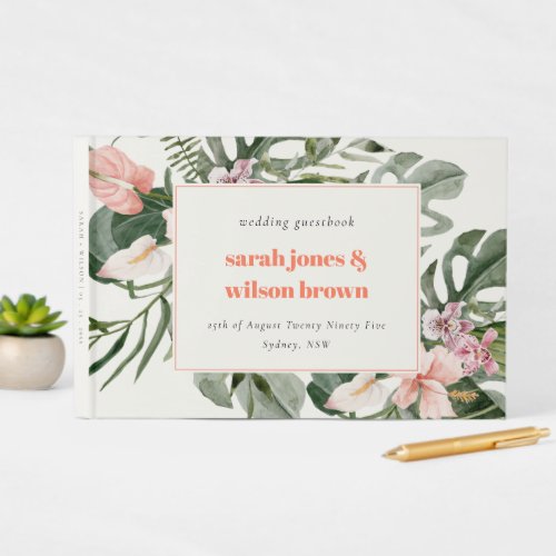 Vibrant Peach Blush Tropical Floral Wedding Guest Book