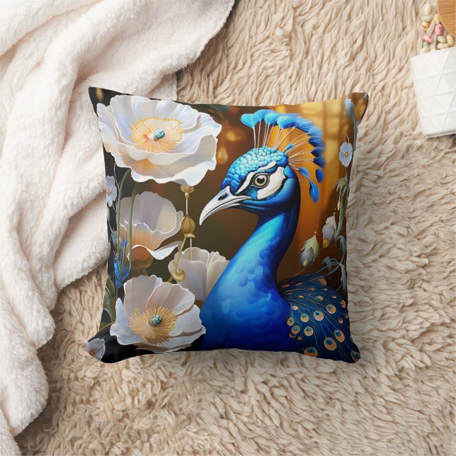 Vibrant Peacock Among White Flowers at Sunset Throw Pillow (Blanket)