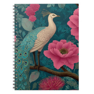 Vibrant Peacock and Pink Floral Pattern Notebook