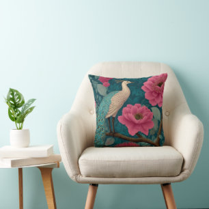 Vibrant Peacock and Pink Floral Pattern Throw Pillow