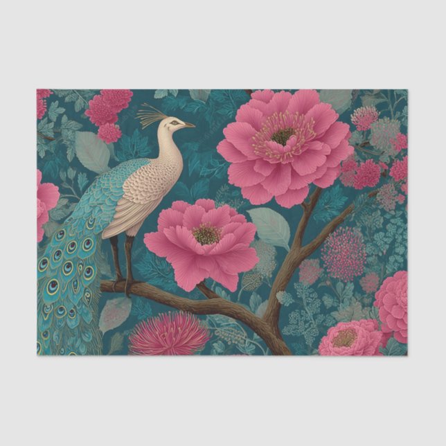 Vibrant Peacock and Pink Floral Pattern Tissue Paper (Front)