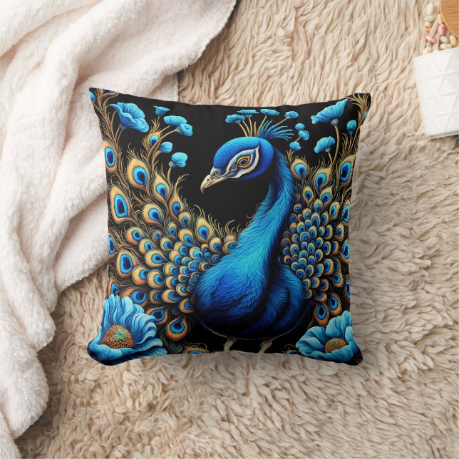Vibrant Peacock Displaying Feathers Among Flowers Throw Pillow (Blanket)