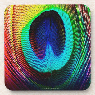 Vibrant Peacock Feather Beverage Coaster