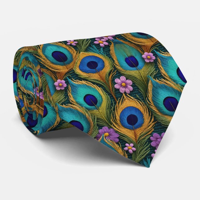 Vibrant Peacock Feathers And Tiny Purple Flowers Neck Tie (Rolled)