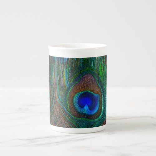 Vibrant Peacock Feathers Etching Style Decor Bone China Mug