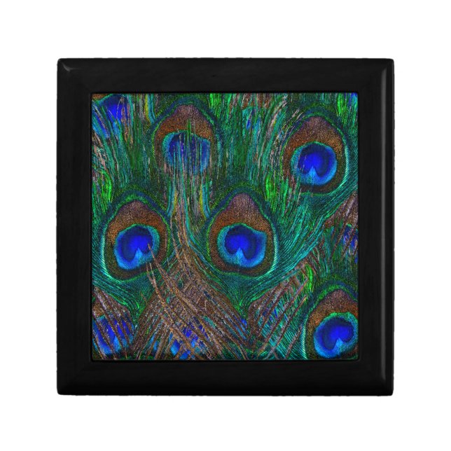 Vibrant Peacock Feathers Etching Style Decor Jewelry Box (Front)