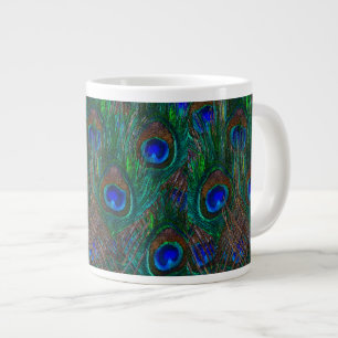 Vibrant Peacock Feathers Etching Style Decor Large Coffee Mug