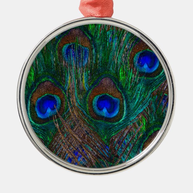 Vibrant Peacock Feathers Etching Style Decor Metal Ornament (Front)