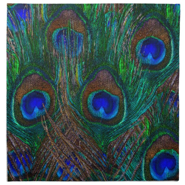 Vibrant Peacock Feathers Etching Style Decor Napkin (Front)