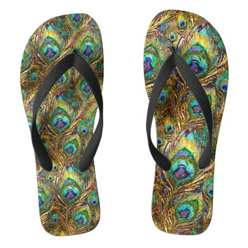 Vibrant Peacock Feathers on Gold Flip Flops