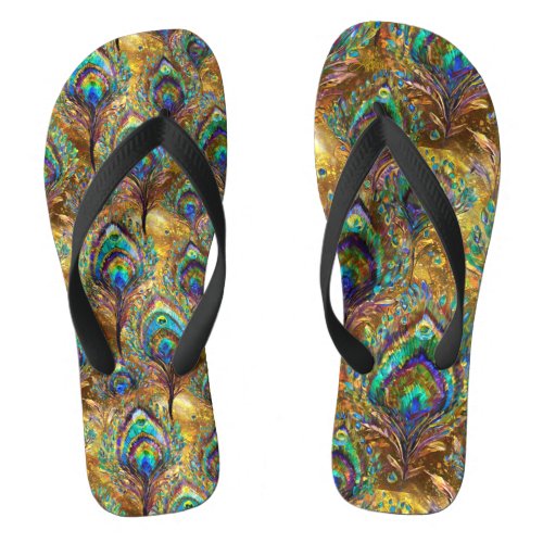 Vibrant Peacock Feathers on Gold Flip Flops