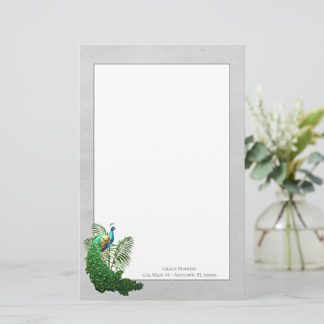 Vibrant Peacock | Gray Stationery (Standing Front)