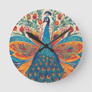 "Vibrant Peacock in Mexican Folk Art Style Round Clock