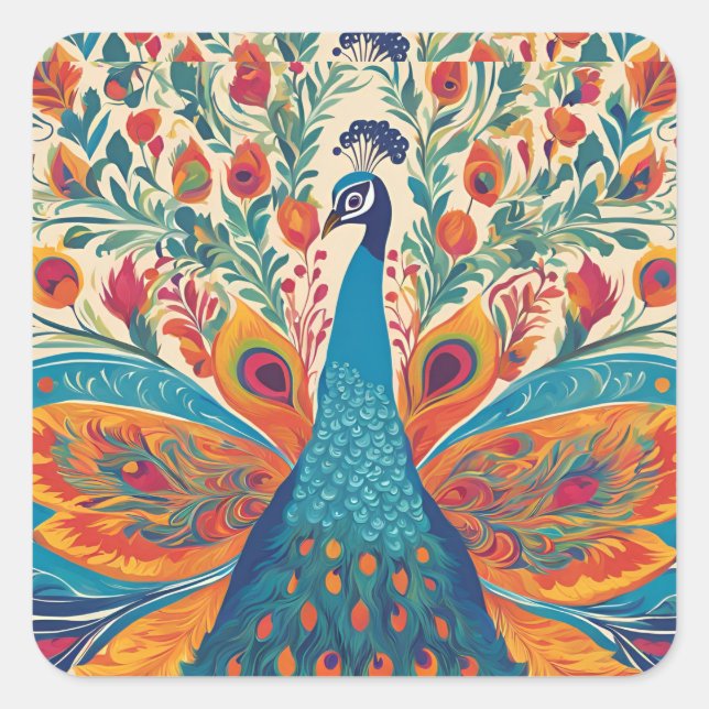 Vibrant Peacock: Mexican Art Style Accent Pillow Square Sticker (Front)