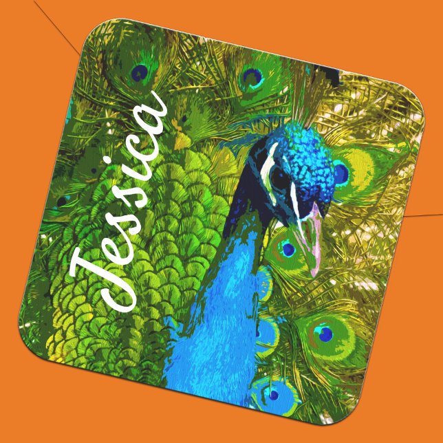 Vibrant Peacock + Name Bright Blue Green Feathers Square Sticker (Bright Peacock bird exotic animal personalized sticker)