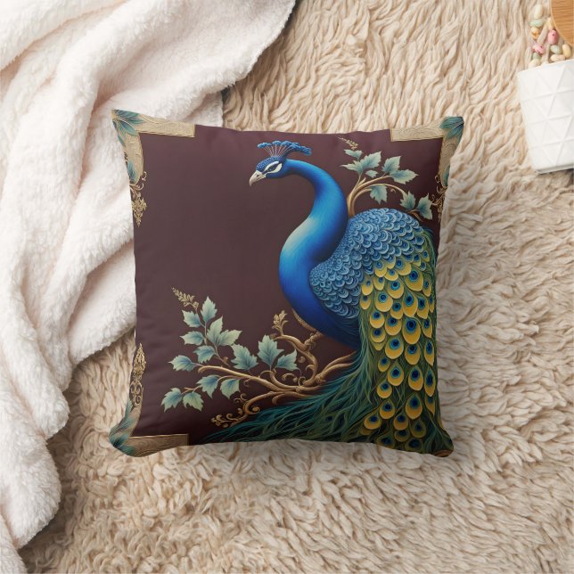Vibrant Peacock on Dark Background Throw Pillow (Blanket)