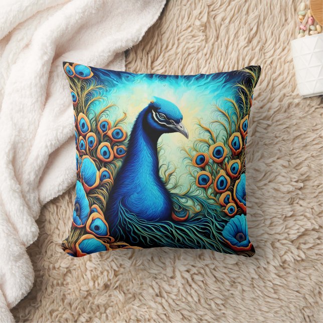 Vibrant Peacock Pair Amid Lush Flowers at Sunrise Throw Pillow (Blanket)