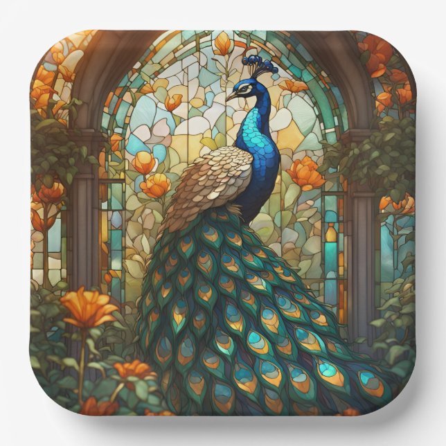 Vibrant Peacock Paper Plates: The Elegant Table Plates (Front)