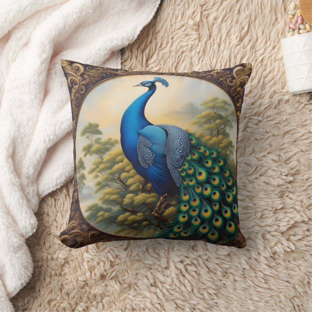 Vibrant Peacock Perched Amidst Lush Greenery Throw Pillow (Blanket)
