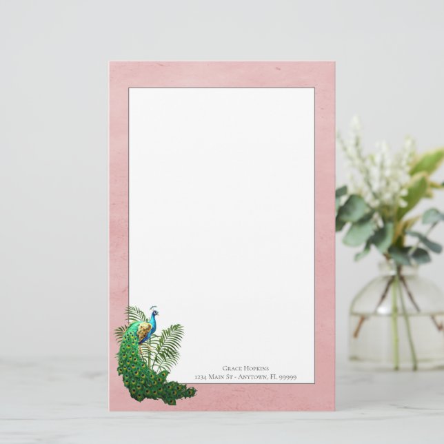 Vibrant Peacock | Pink Stationery (Standing Front)