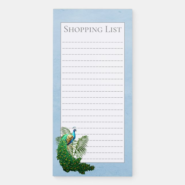 Vibrant Peacock Shopping List | Blue Magnetic Notepad (Front)