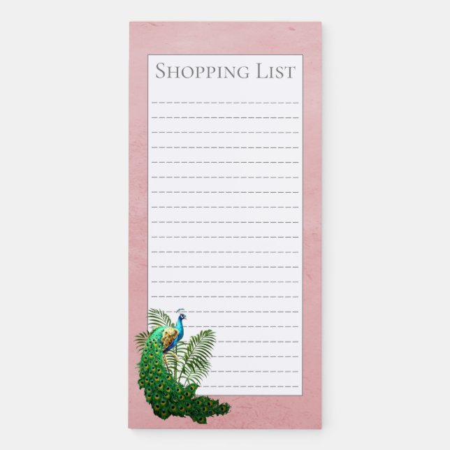 Vibrant Peacock Shopping List | Pink Magnetic Notepad (Front)