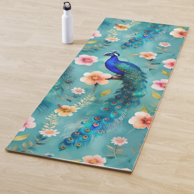 Vibrant Peacock With Feathers & Lush Florals Yoga Mat (In Situ)