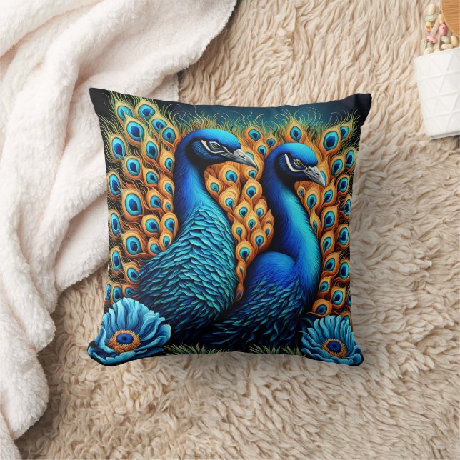 Vibrant Peacocks Displaying Beauty Among Flowers Throw Pillow (Blanket)