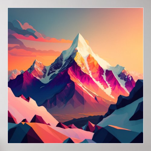Vibrant peak A snowy mountain at sunset Poster