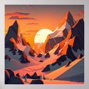Vibrant peak: A snowy mountain at sunset. Poster