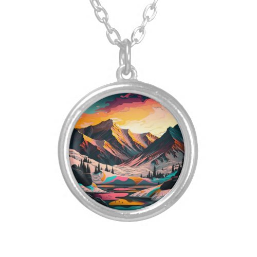 Vibrant peak A snowy mountain at sunset Silver Plated Necklace