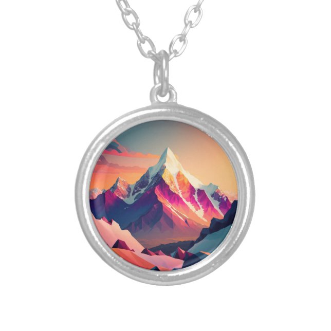 Vibrant peak: A snowy mountain at sunset. Silver Plated Necklace (Front)