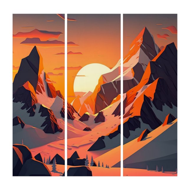 Vibrant peak: A snowy mountain at sunset. Triptych (Front)