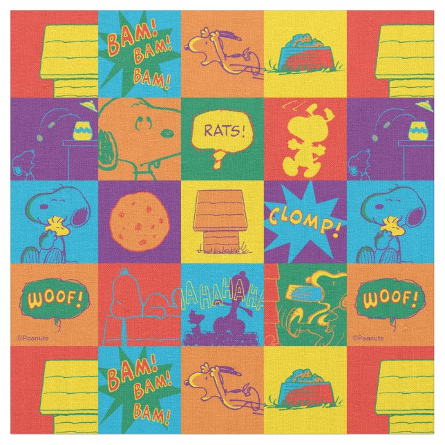Vibrant Peanuts Comic Strip Block Fabric (Close Up)