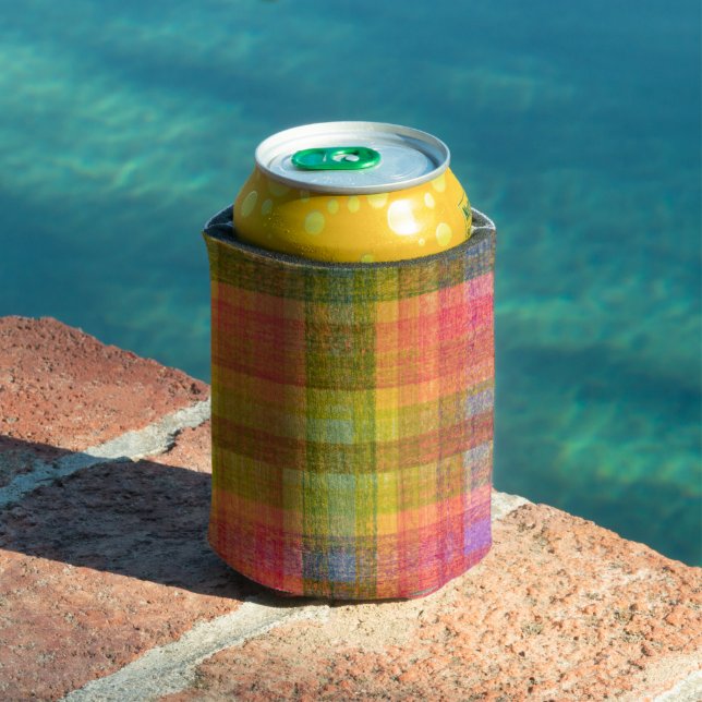 Vibrant Pencil Color Plaid Pattern Can Cooler (In Situ Pool)
