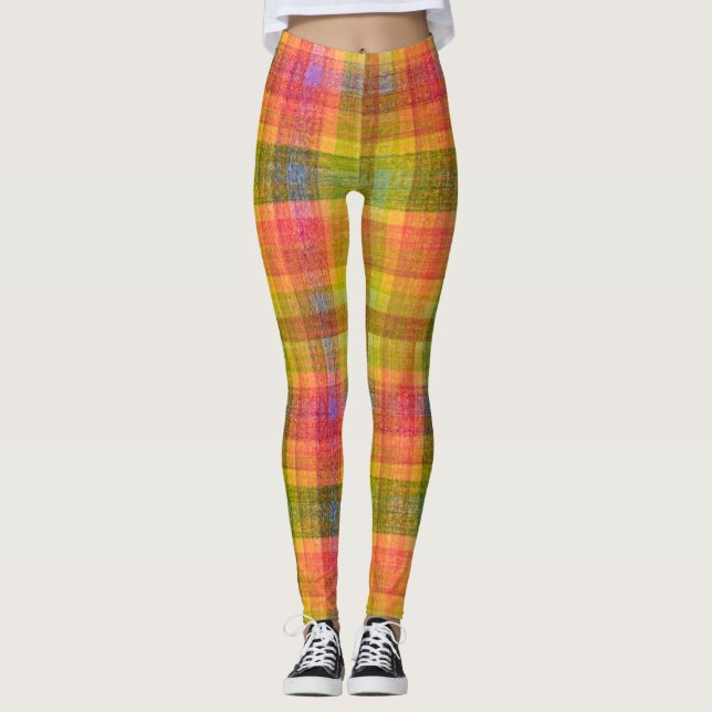 Vibrant Pencil Color Plaid Pattern Leggings (Front)