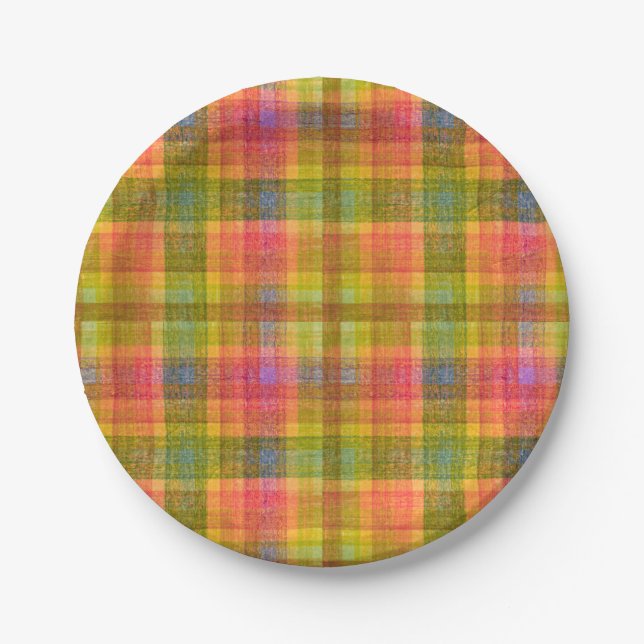 Vibrant Pencil Color Plaid Pattern Paper Plates (Front)