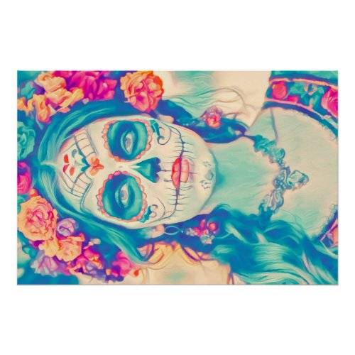Vibrant Pensive Sugar Skull Woman Decoupage Paper Poster